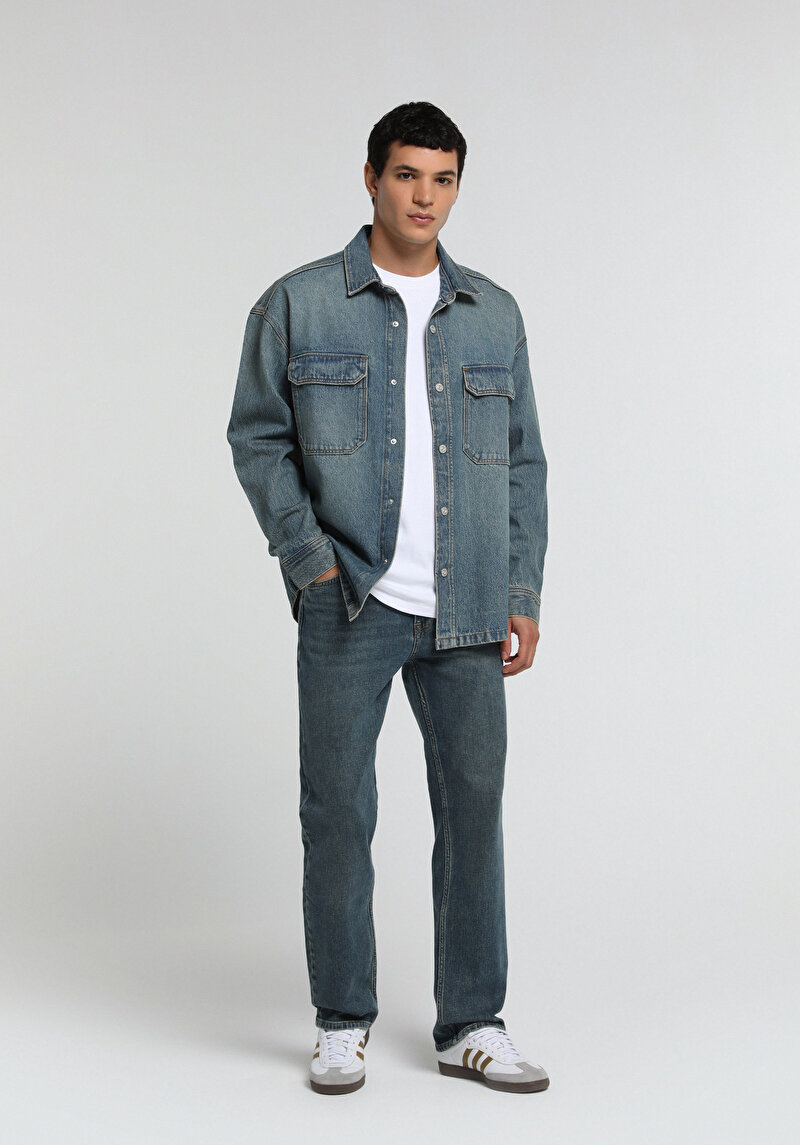 Oversize Fit   Erkek Mid İndigo Denim Shacket