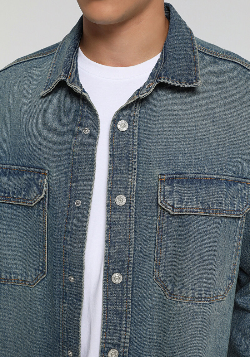 Oversize Fit Erkek Mid İndigo Denim Shacket