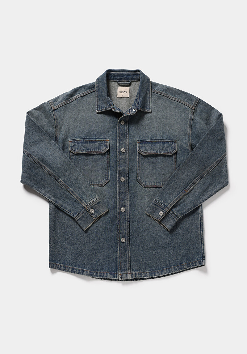Oversize Fit   Erkek Mid İndigo Denim Shacket