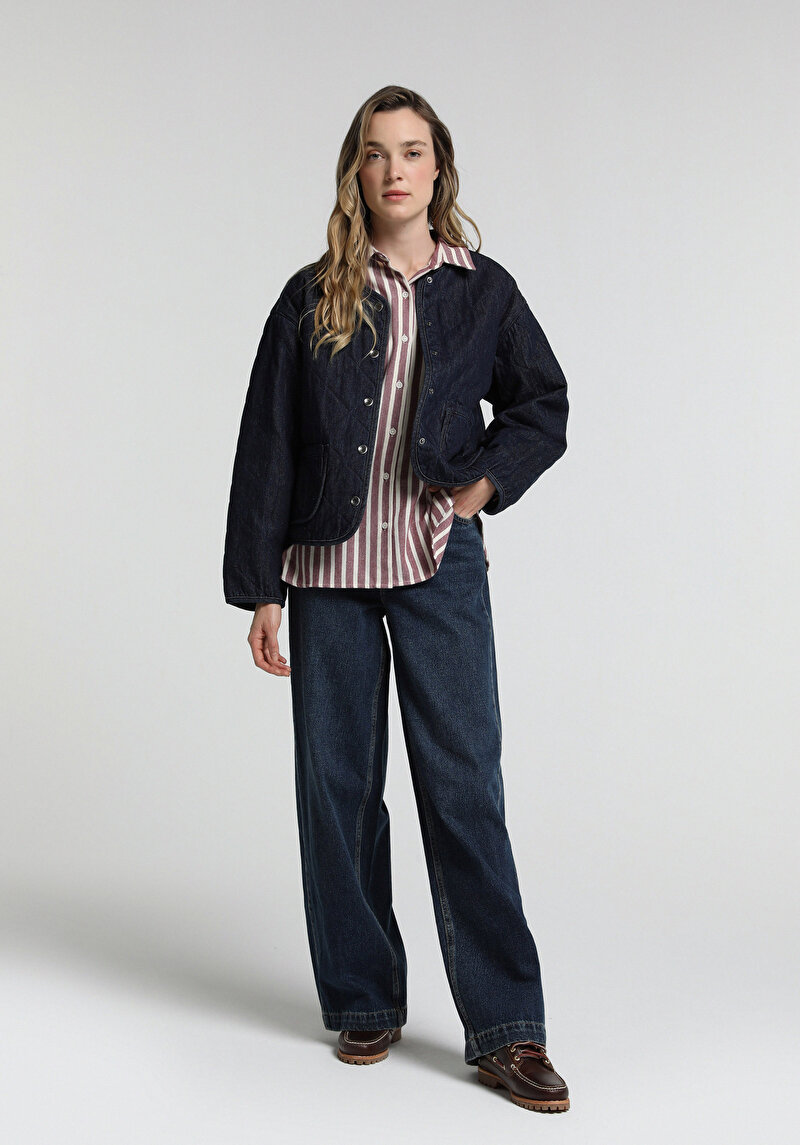 Baggy Wide Leg Fit   Kadın Dark İndigo Denim Jean Pantolon