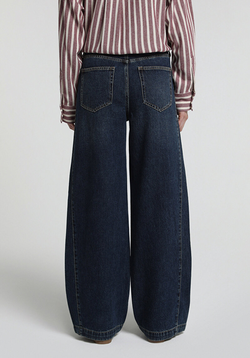 Baggy Wide Leg Fit Kadın Dark İndigo Denim Jean Pantolon
