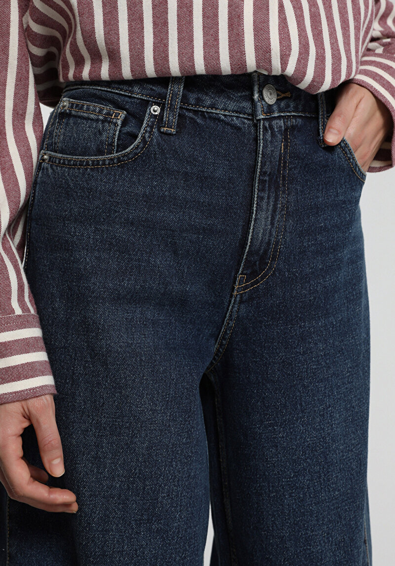 Baggy Wide Leg Fit   Kadın Dark İndigo Denim Jean Pantolon
