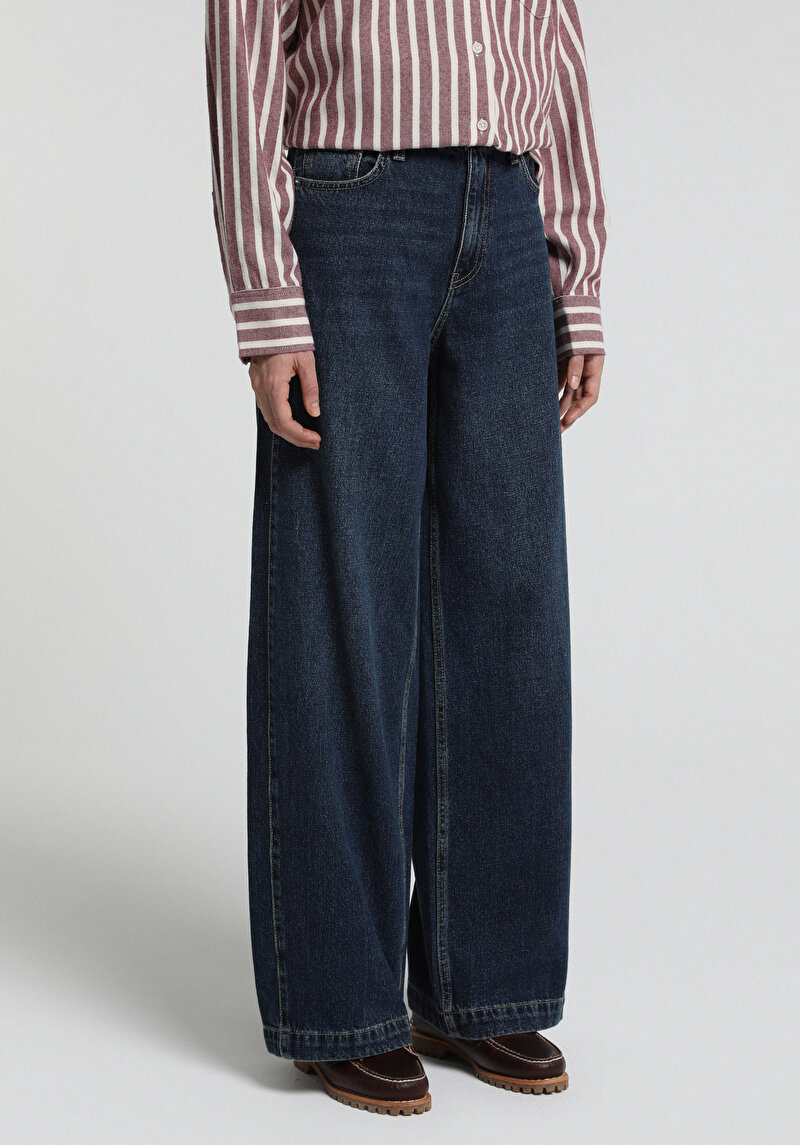 Baggy Wide Leg Fit   Kadın Dark İndigo Denim Jean Pantolon
