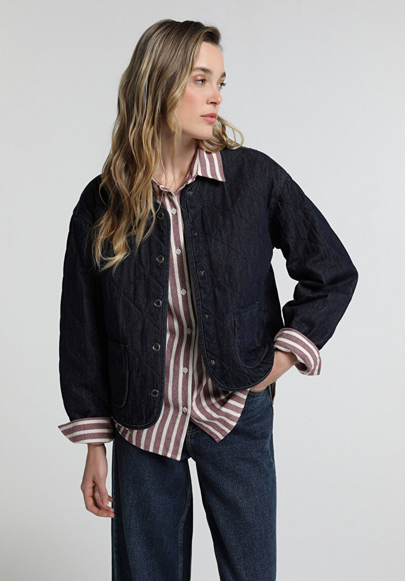Regular Fit Düğmeli Astarlı  Kadın Dark İndigo Denim Ceket