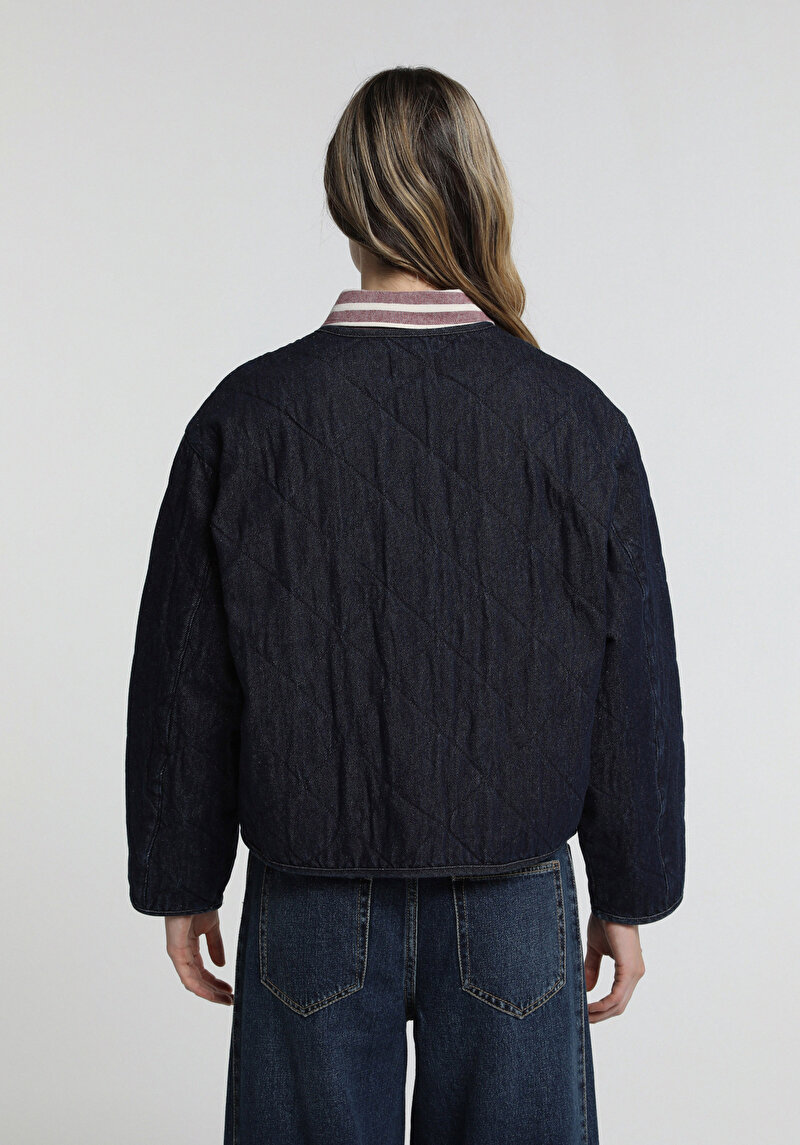Regular Fit Düğmeli Astarlı  Kadın Dark İndigo Denim Ceket
