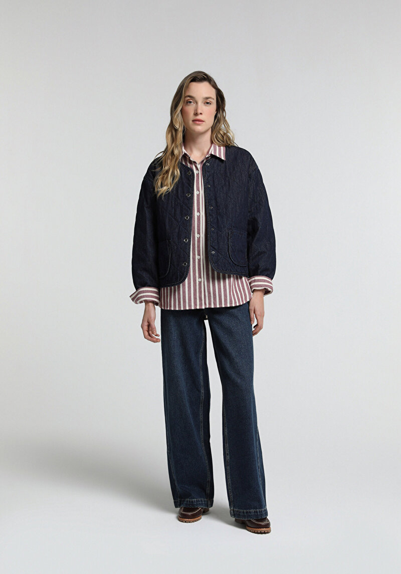 Regular Fit Düğmeli Astarlı Kadın Dark İndigo Denim Ceket