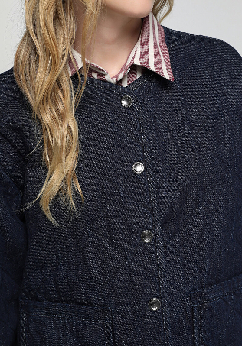 Regular Fit Düğmeli Astarlı  Kadın Dark İndigo Denim Ceket