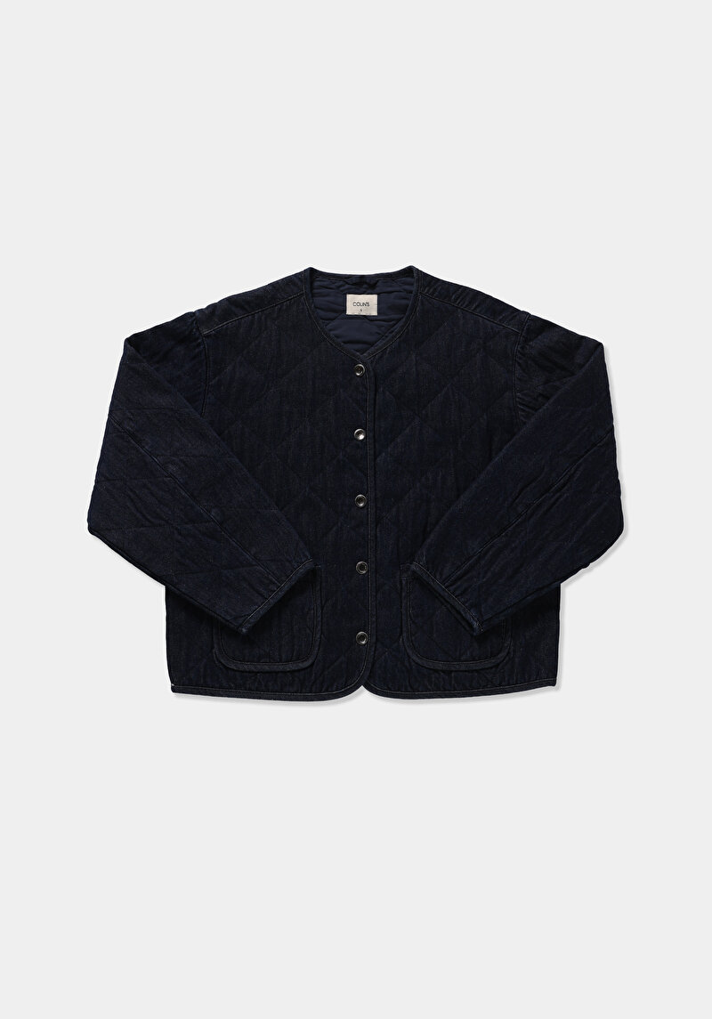 Regular Fit Düğmeli Astarlı  Kadın Dark İndigo Denim Ceket
