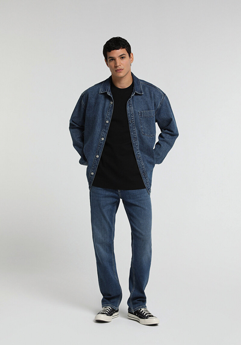 Relaxed Straight Fit Erkek Dark İndigo Denim Jean Pantolon