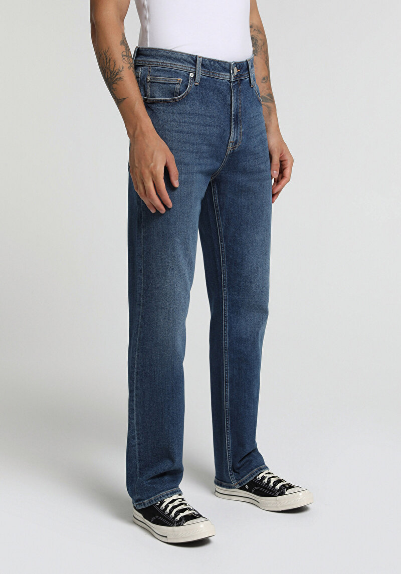 Relaxed Straight Fit Erkek Dark İndigo Denim Jean Pantolon