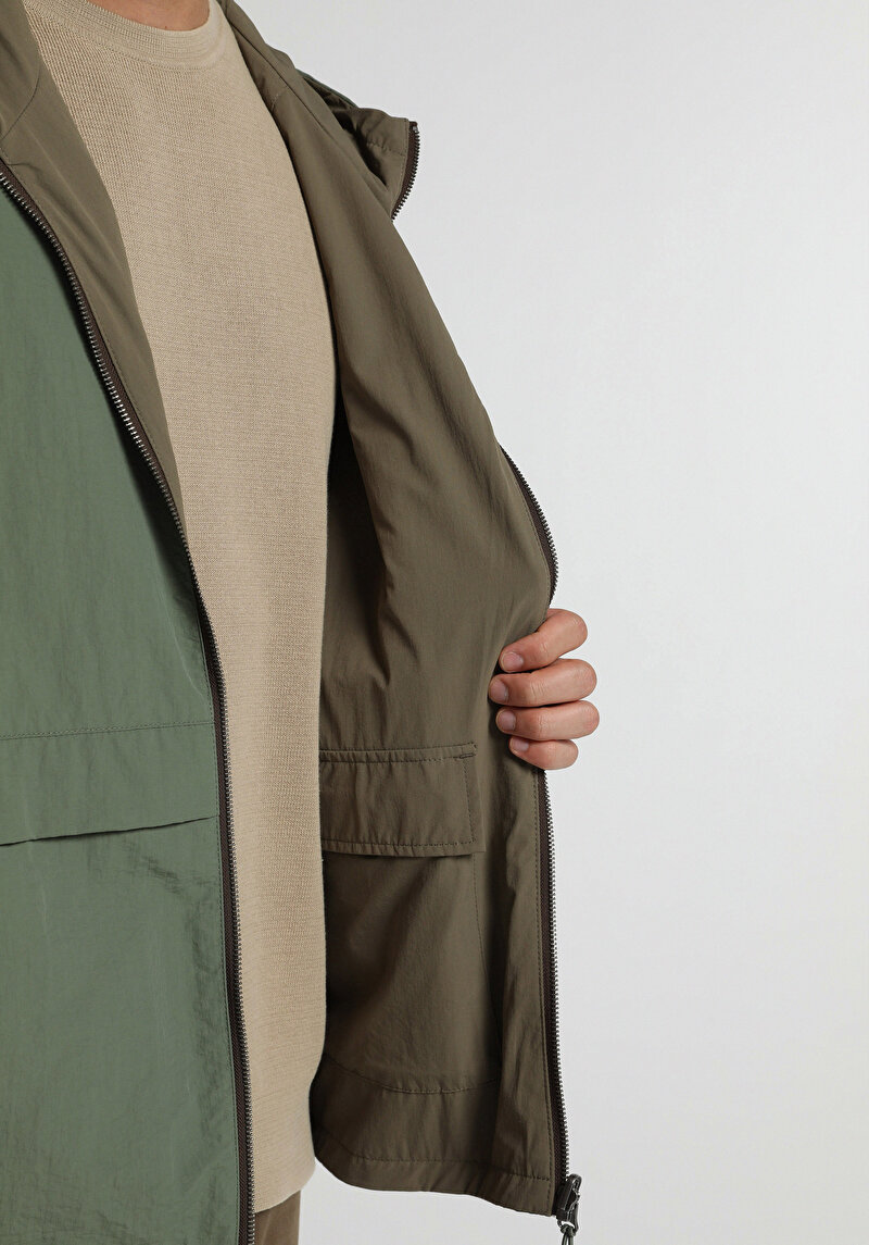 Loose Fit Düz Fermuarlı Çift Taraflı Giyilebilir Erkek Yeşil Yağmurluk
