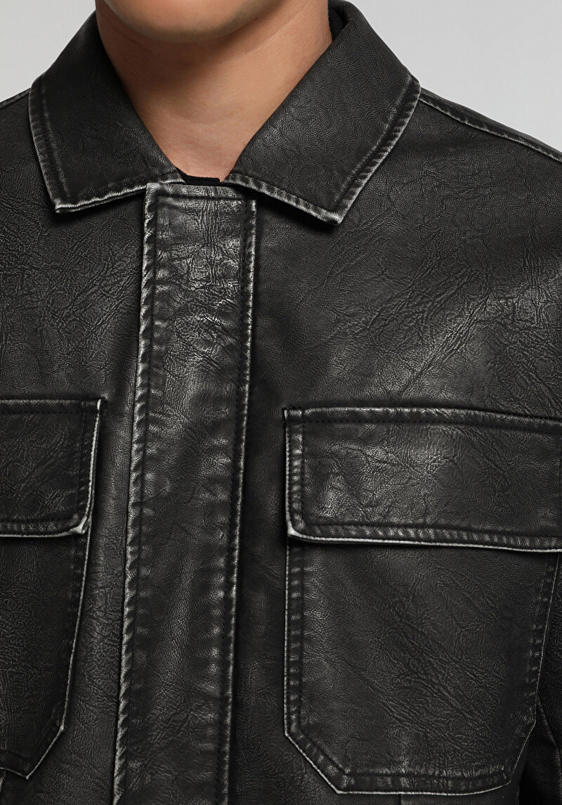 Regular Fit Shirt Neck Fermuarlı Astarlı  Erkek Siyah Mont Pu