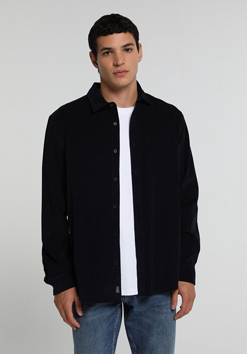 Regular Fit Shirt Neck Düz Erkek Lacivert Uzun Kol Gömlek