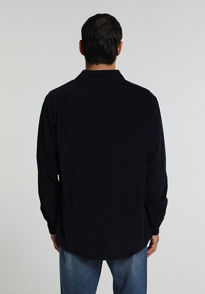 Regular Fit Shirt Neck Düz Erkek Lacivert Uzun Kol Gömlek