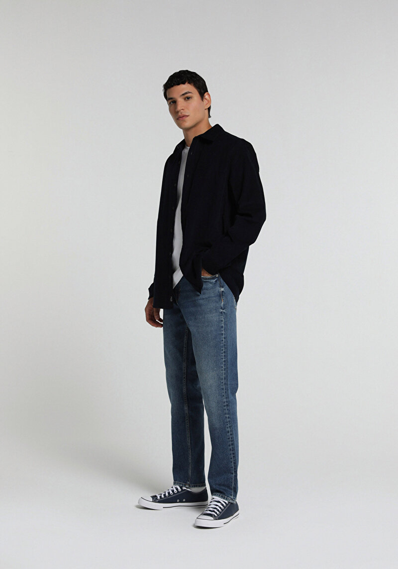 Regular Fit Shirt Neck Düz Erkek Lacivert Uzun Kol Gömlek