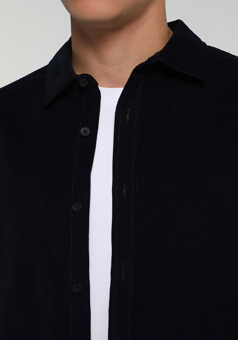 Regular Fit Shirt Neck Düz Erkek Lacivert Uzun Kol Gömlek
