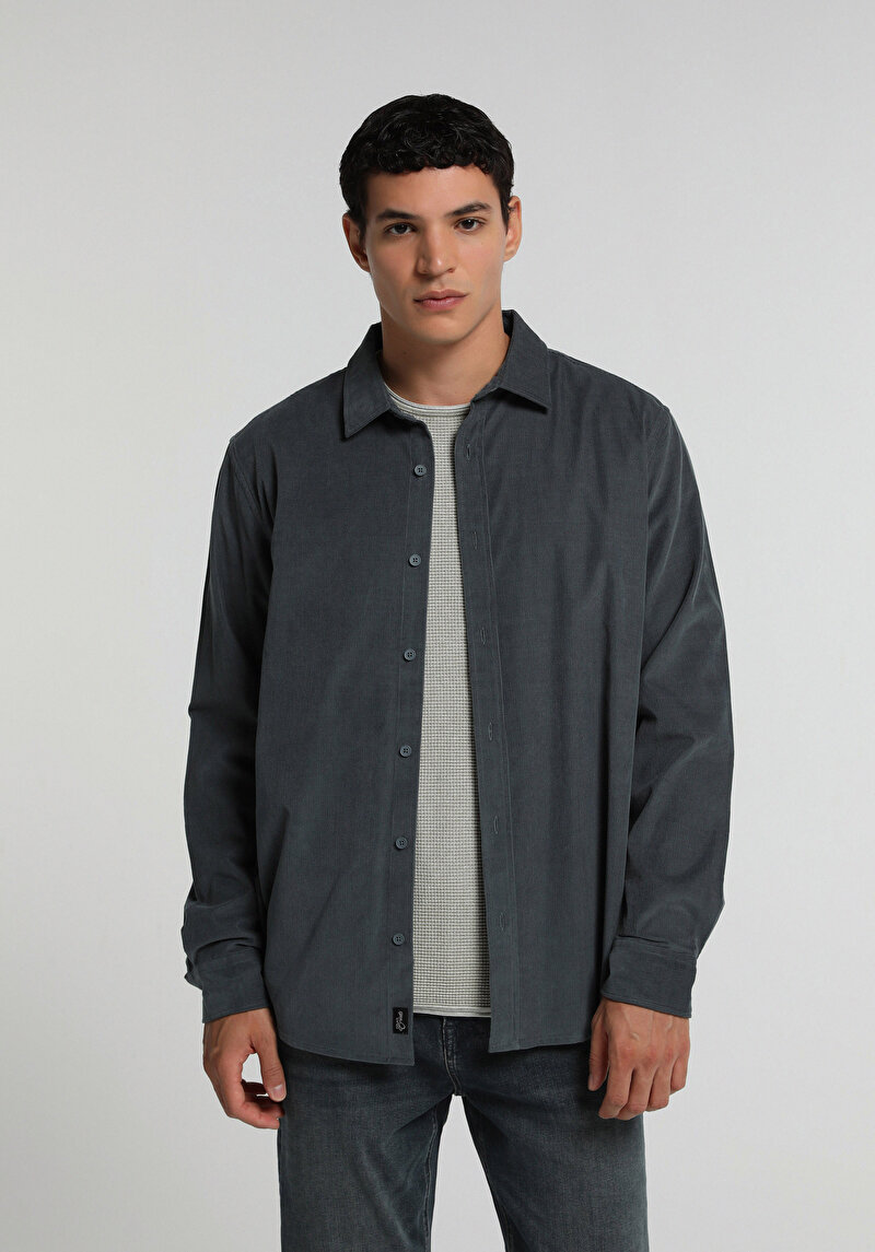 Regular Fit Shirt Neck Düz Erkek Yeşil Uzun Kol Gömlek
