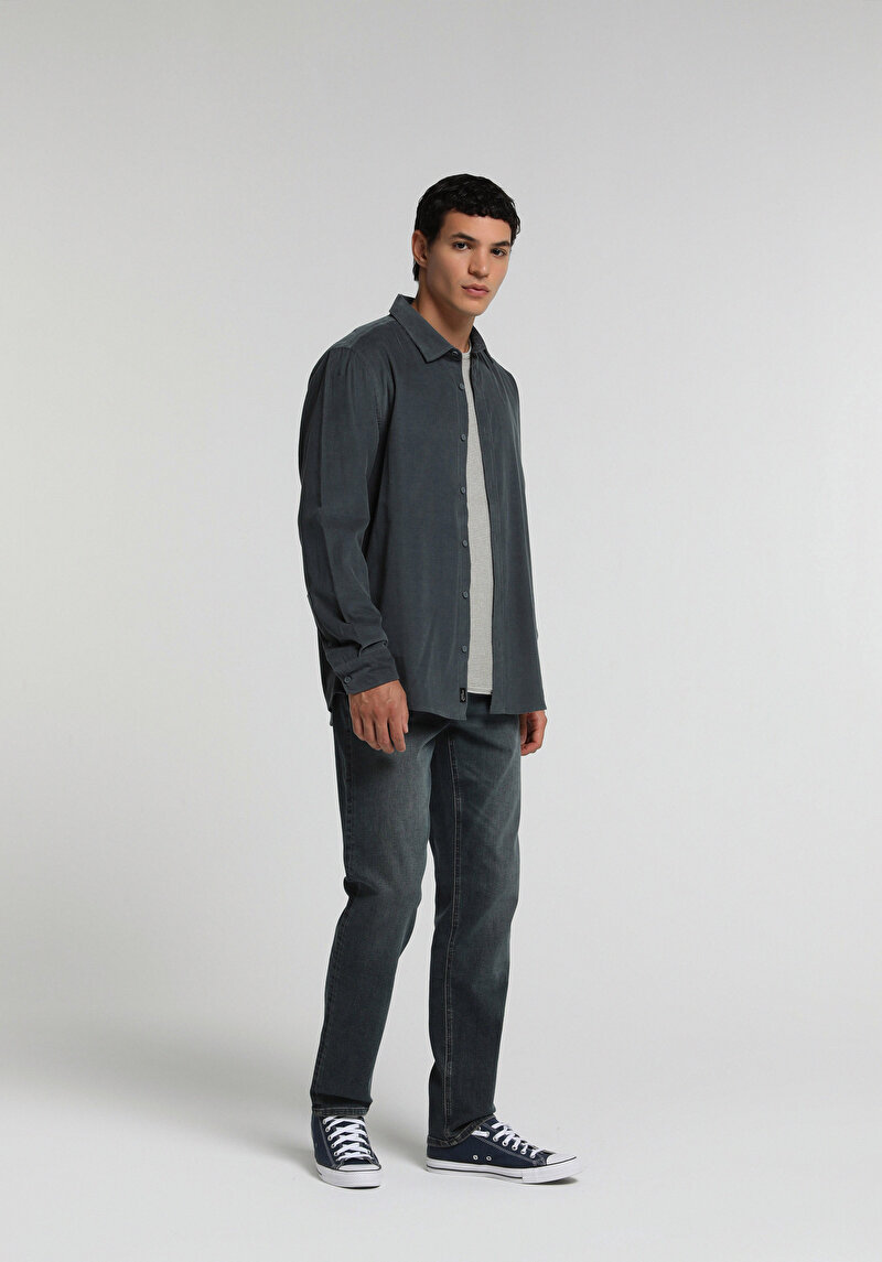 Regular Fit Shirt Neck Düz Erkek Yeşil Uzun Kol Gömlek