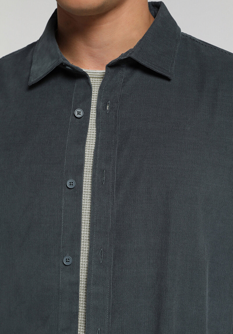 Regular Fit Shirt Neck Düz Erkek Yeşil Uzun Kol Gömlek