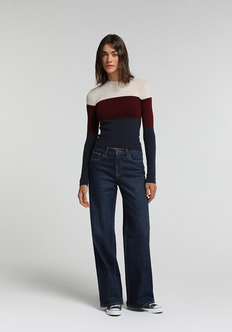 Slim Fit Yuvarlak Yaka Çizgili Kadın Çok Renkli Kazak