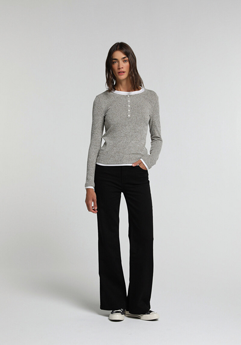 Slim Fit Derin Bisiklet Yaka Düz Kadın Kahverengi Uzun Kol Tişört