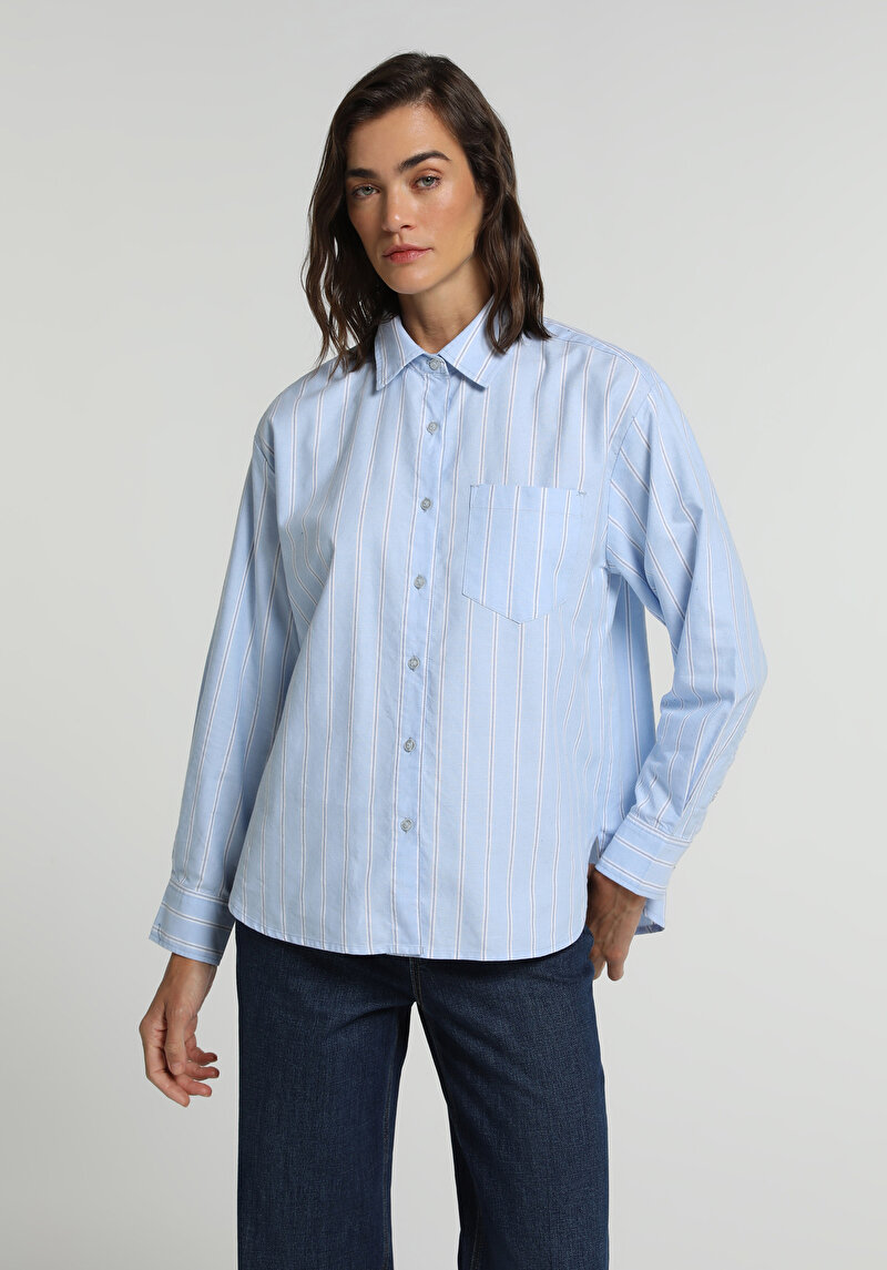 Boyfriend Fit Shirt Neck Çizgili Kadın Mavi Uzun Kol Gömlek