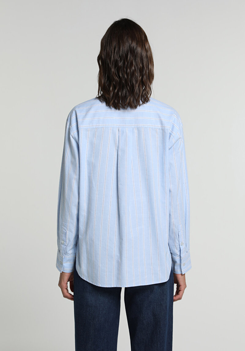 Boyfriend Fit Shirt Neck Çizgili Kadın Mavi Uzun Kol Gömlek