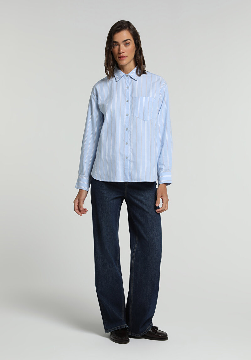 Boyfriend Fit Shirt Neck Çizgili Kadın Mavi Uzun Kol Gömlek