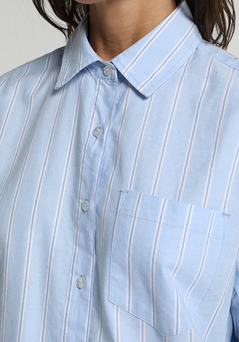 Boyfriend Fit Shirt Neck Çizgili Kadın Mavi Uzun Kol Gömlek