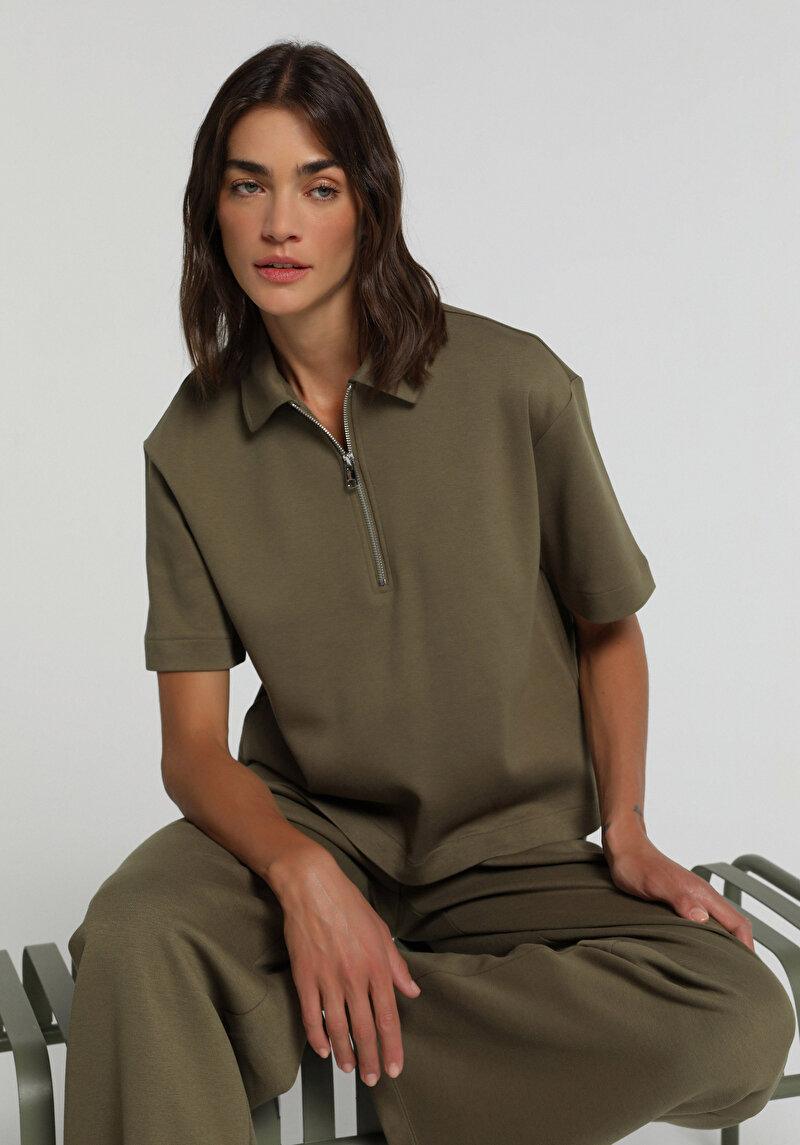 Regular Fit Polo Yaka Düz Kadın Yeşil Kısa Kol Tişört