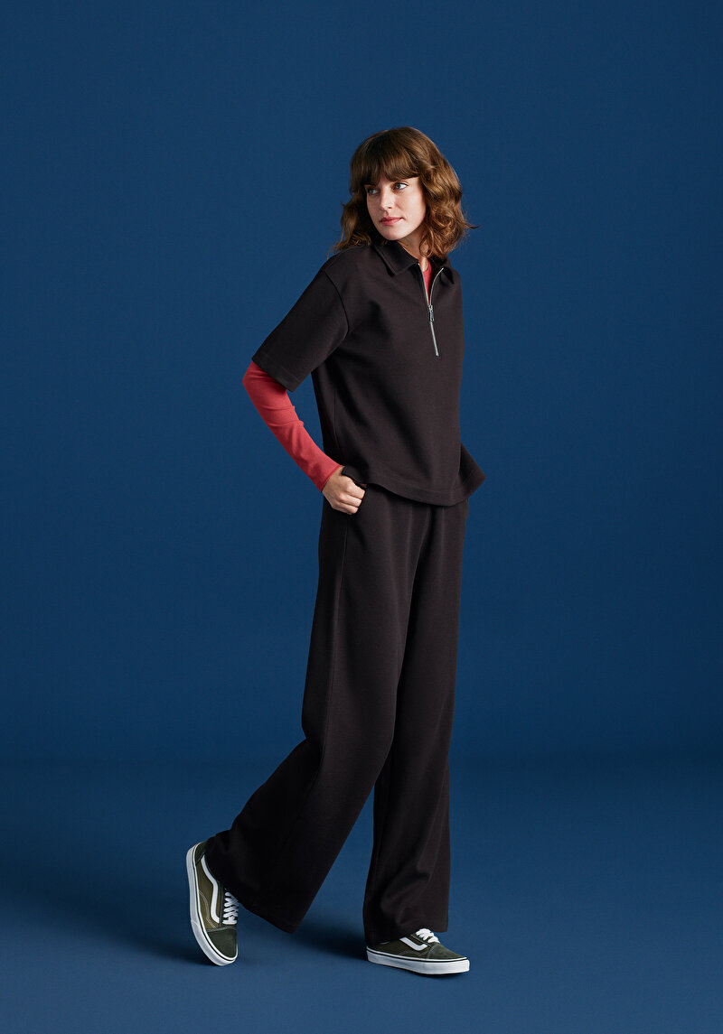 Regular Fit Polo Yaka Düz Kadın Mor Kısa Kol Tişört