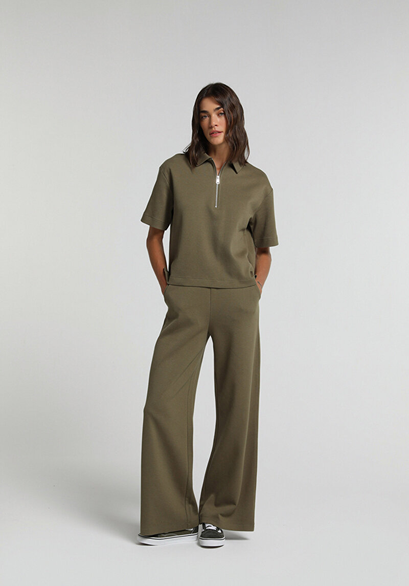 Regular Fit Polo Yaka Düz Kadın Yeşil Kısa Kol Tişört