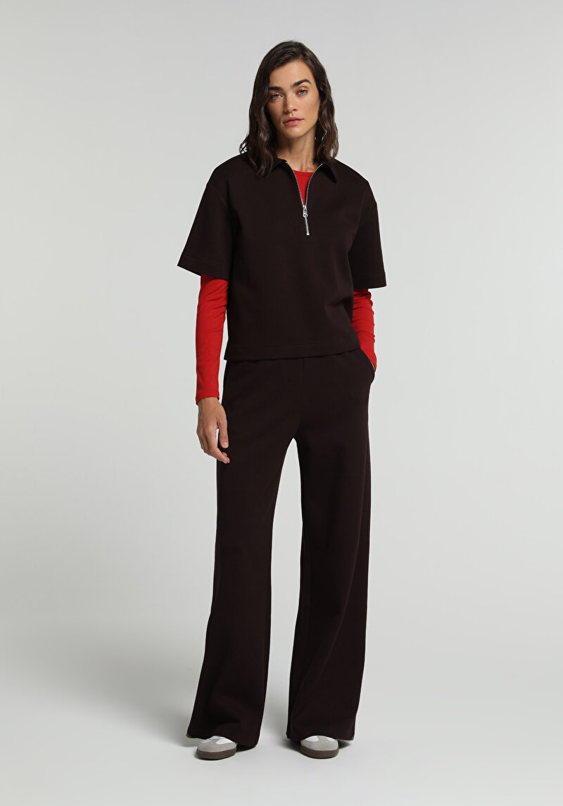 Regular Fit Polo Yaka Düz Kadın Mor Kısa Kol Tişört