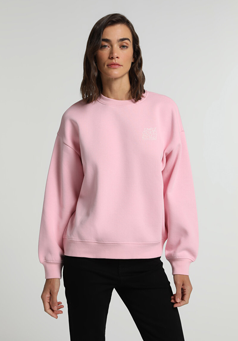 Regular Fit Yuvarlak Yaka Baskılı Kadın Pembe Sweatshirt