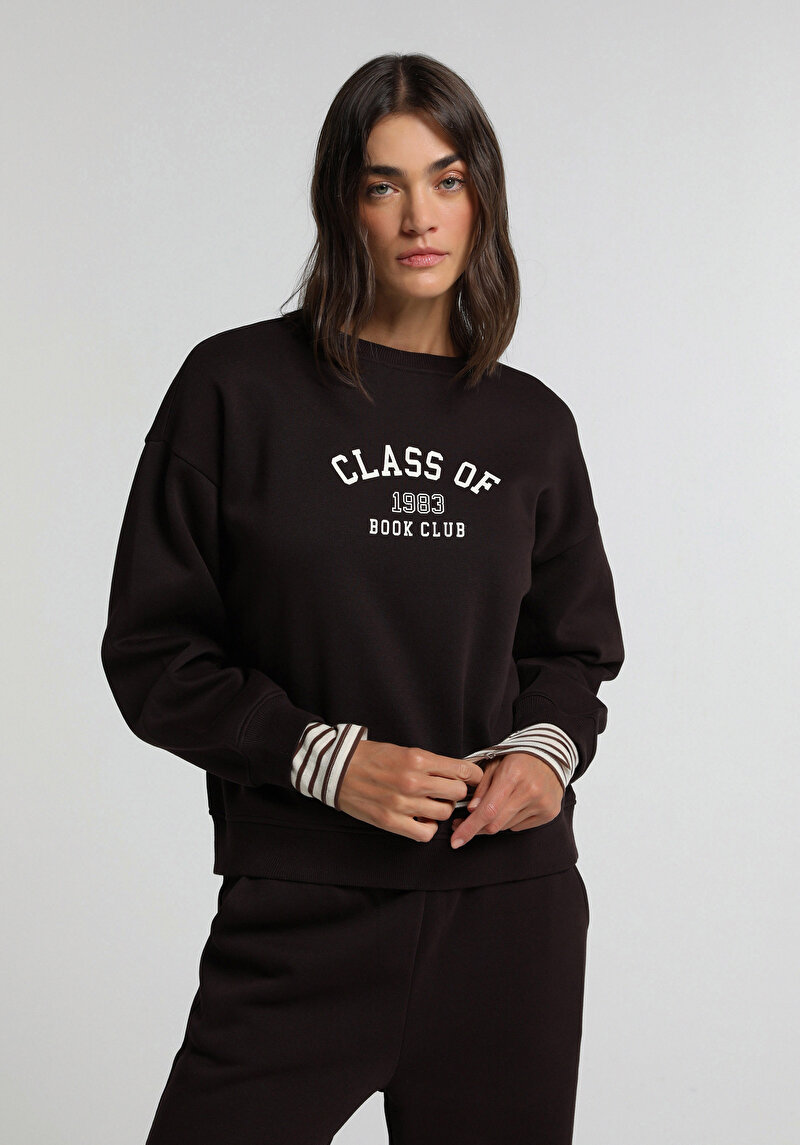 Regular Fit Yuvarlak Yaka Baskılı Kadın Mor Sweatshirt