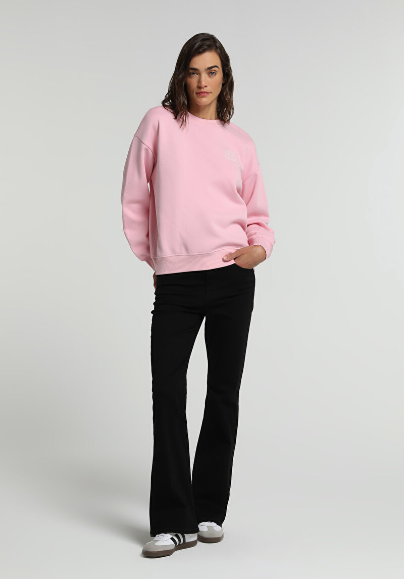 Regular Fit Yuvarlak Yaka Baskılı Kadın Pembe Sweatshirt