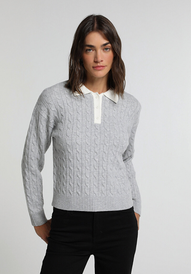 Regular Fit Polo Yaka Düz Kadın Gri Kazak