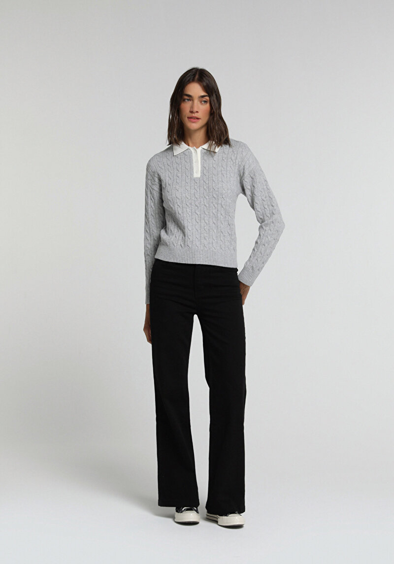Regular Fit Polo Yaka Düz Kadın Gri Kazak