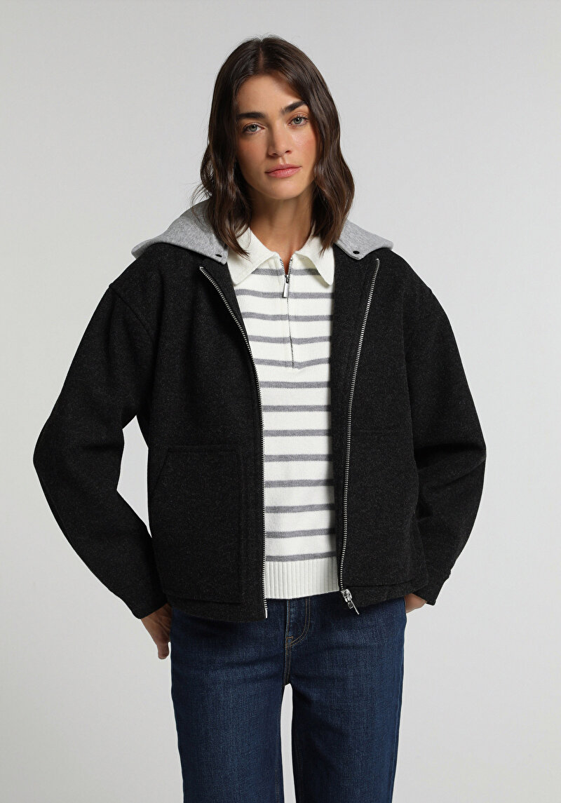 Oversize Fit Fermuarlı Astarsız Çıkarılabilir Kapüşonlu Kadın Antrasit Ceket