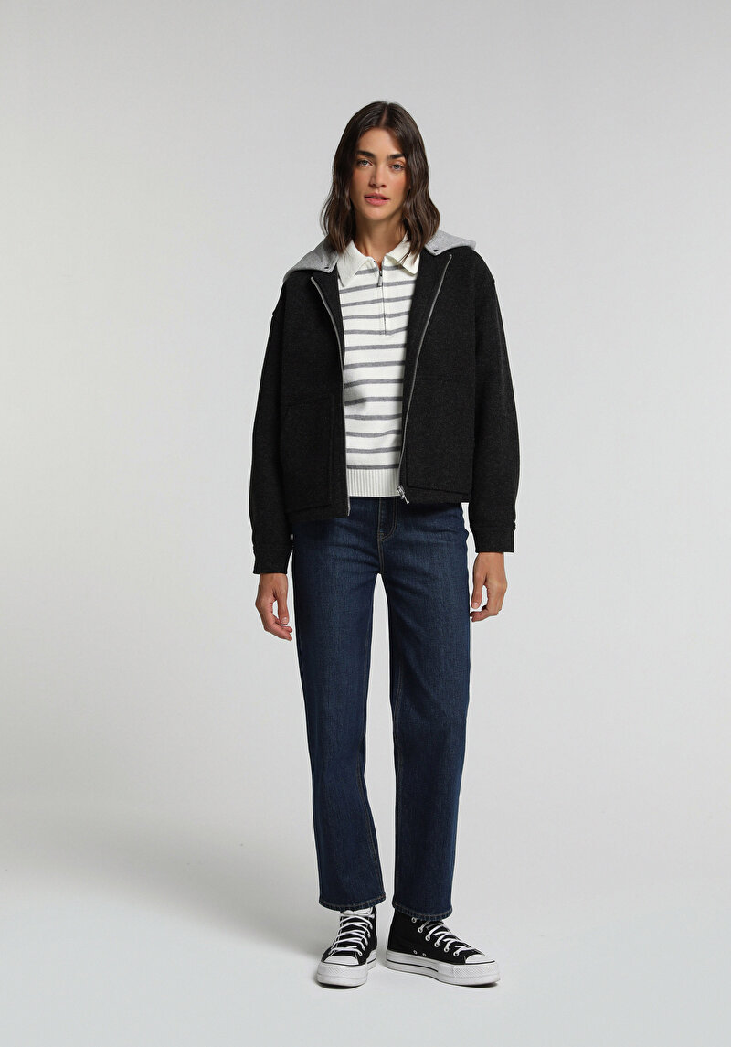 Oversize Fit Fermuarlı Astarsız Çıkarılabilir Kapüşonlu Kadın Antrasit Ceket