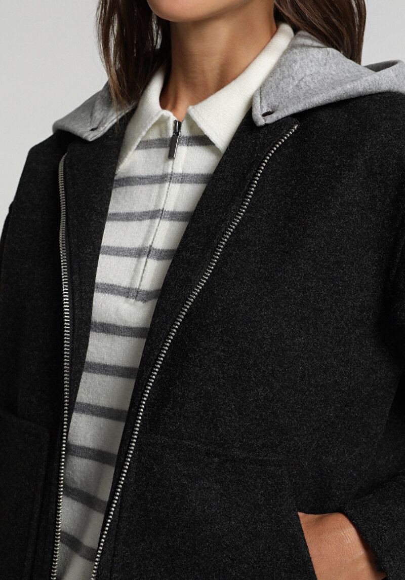 Oversize Fit Fermuarlı Astarsız Çıkarılabilir Kapüşonlu Kadın Antrasit Ceket