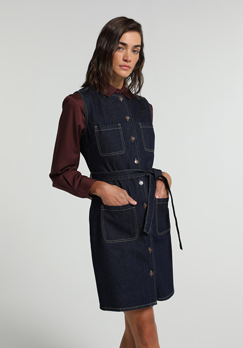 Slim Fit Düz Kadın Dark İndigo Denim Kolsuz Elbise