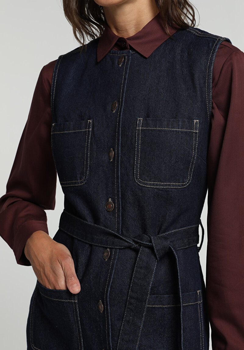 Slim Fit Düz Kadın Dark İndigo Denim Kolsuz Elbise