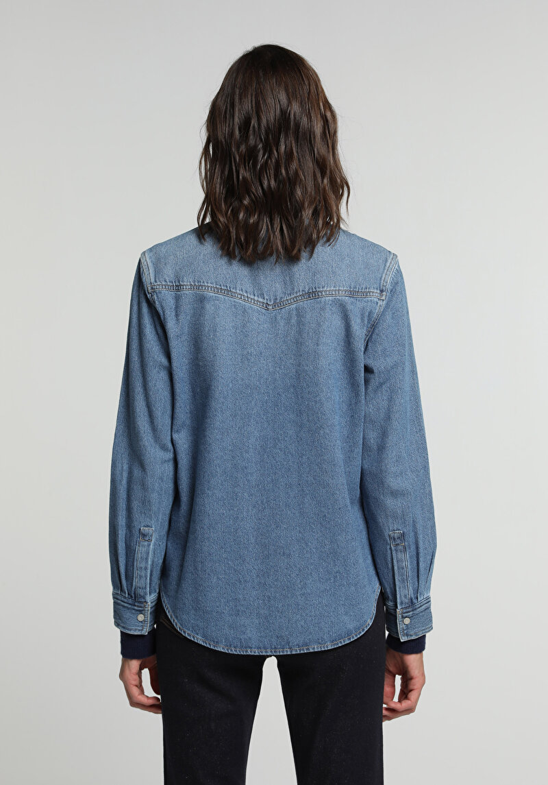 Regular Fit Klasik Yaka Düz Kadın Mid İndigo Denim Uzun Kol Gömlek