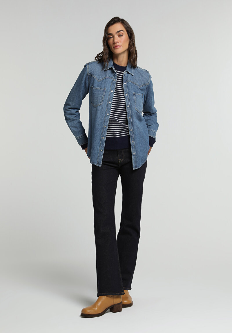 Regular Fit Klasik Yaka Düz Kadın Mid İndigo Denim Uzun Kol Gömlek
