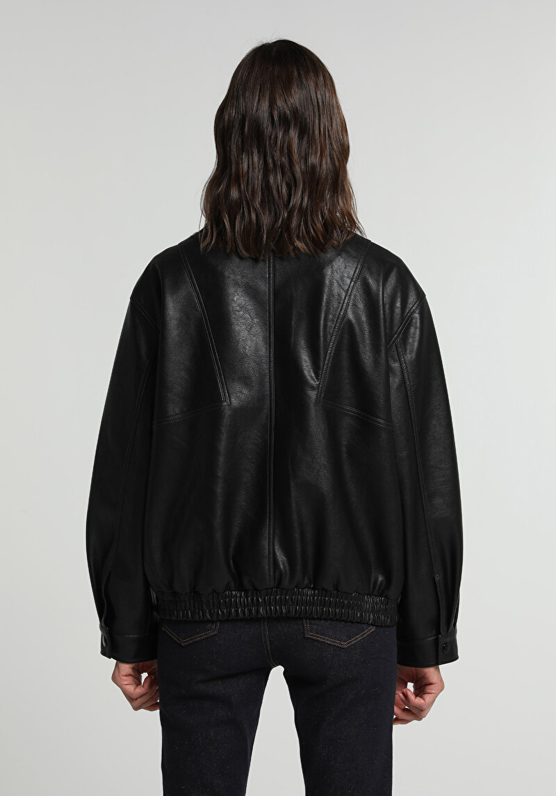 Regular Fit High Neck Fermuarlı Astarlı Kapamalı Kadın Siyah Mont Pu