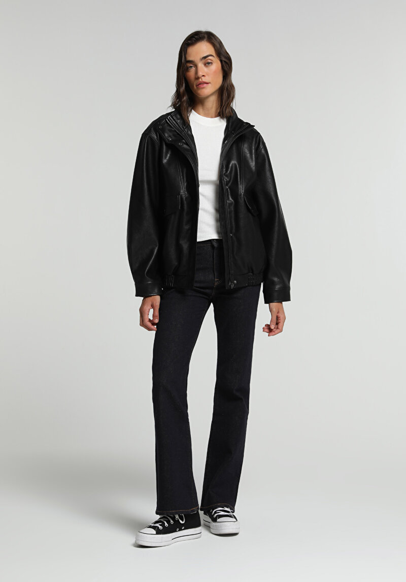 Regular Fit High Neck Fermuarlı Astarlı Kapamalı Kadın Siyah Mont Pu