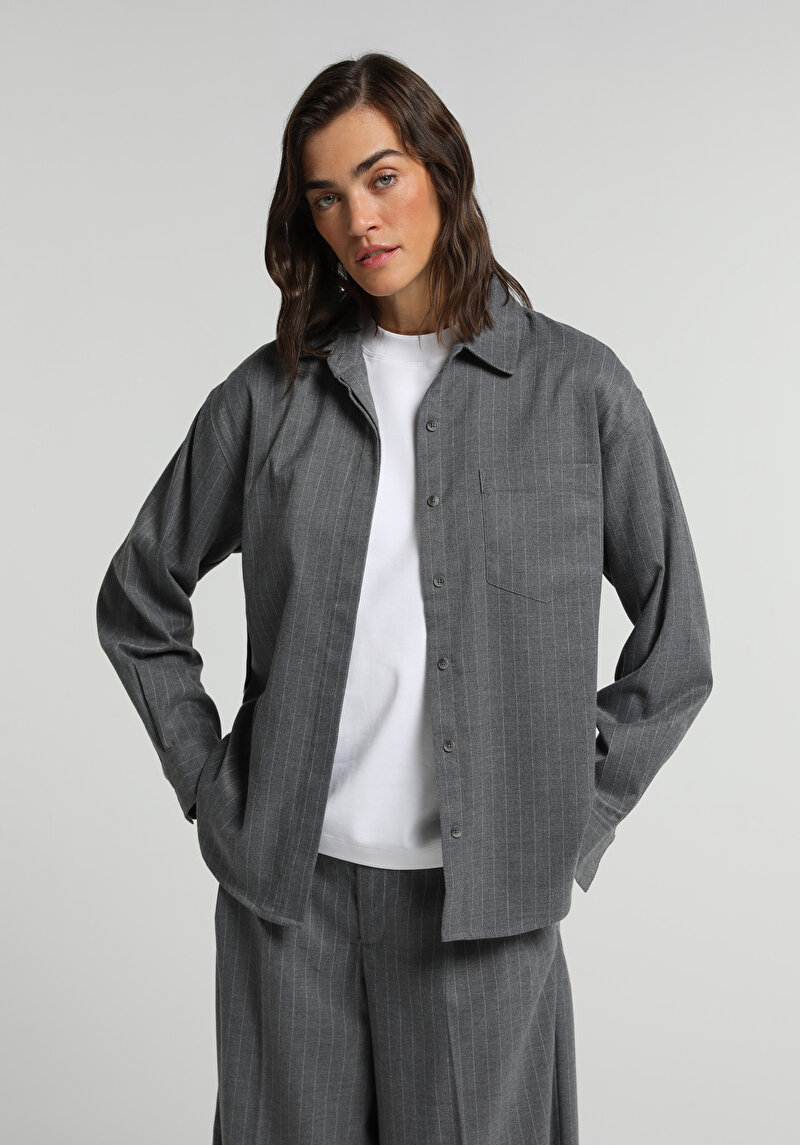 Boyfriend Fit Shirt Neck Çizgili Kadın Gri Uzun Kol Gömlek