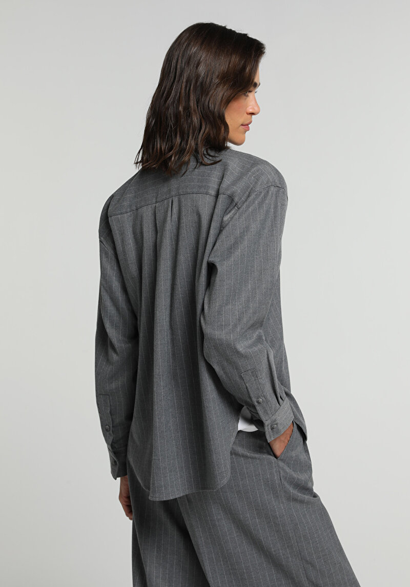 Boyfriend Fit Shirt Neck Çizgili Kadın Gri Uzun Kol Gömlek