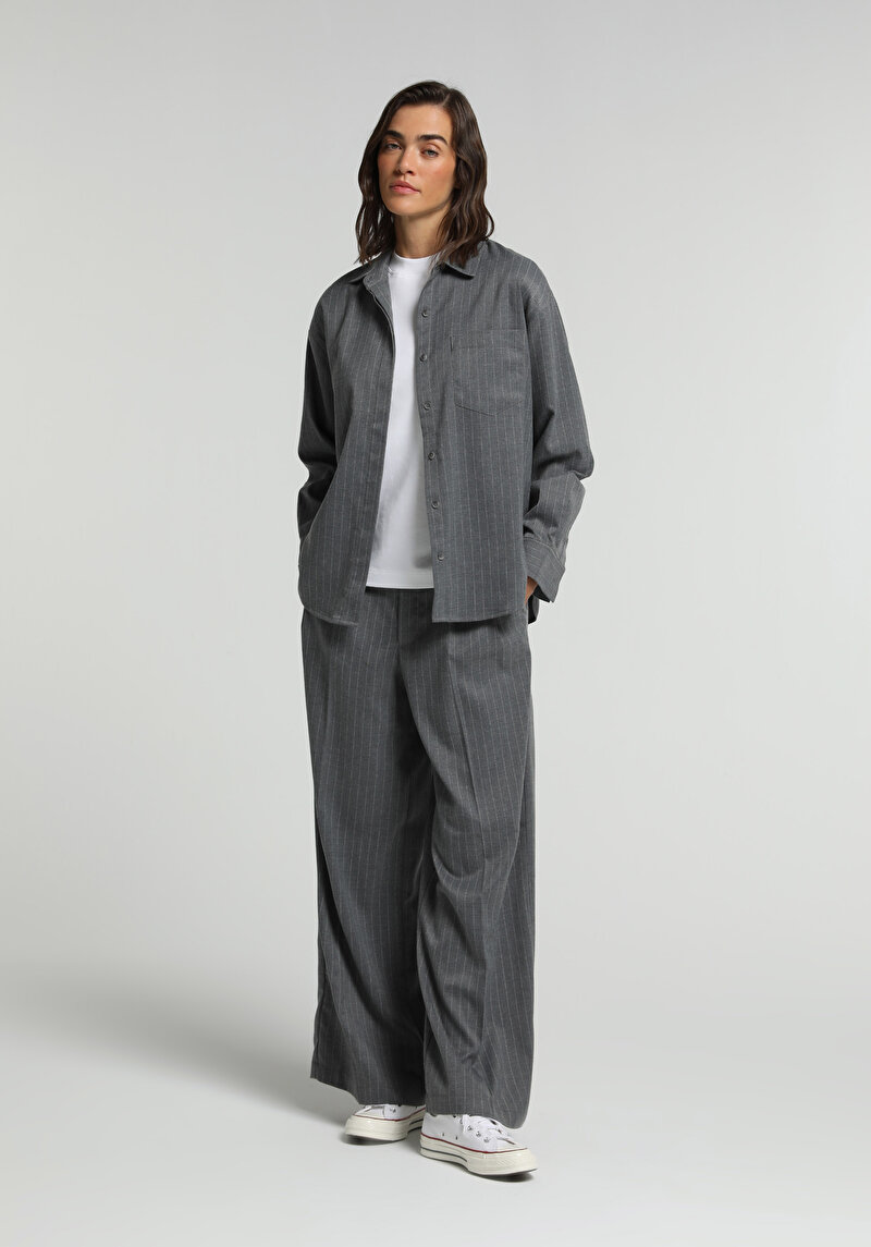Boyfriend Fit Shirt Neck Çizgili Kadın Gri Uzun Kol Gömlek